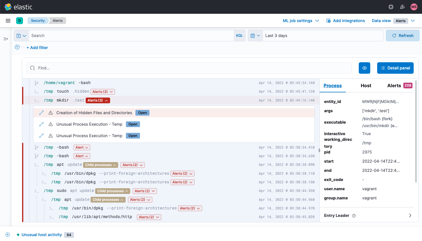 Analysis of cloud workload alert in screenshot showing session view in Elastic cloud security solution