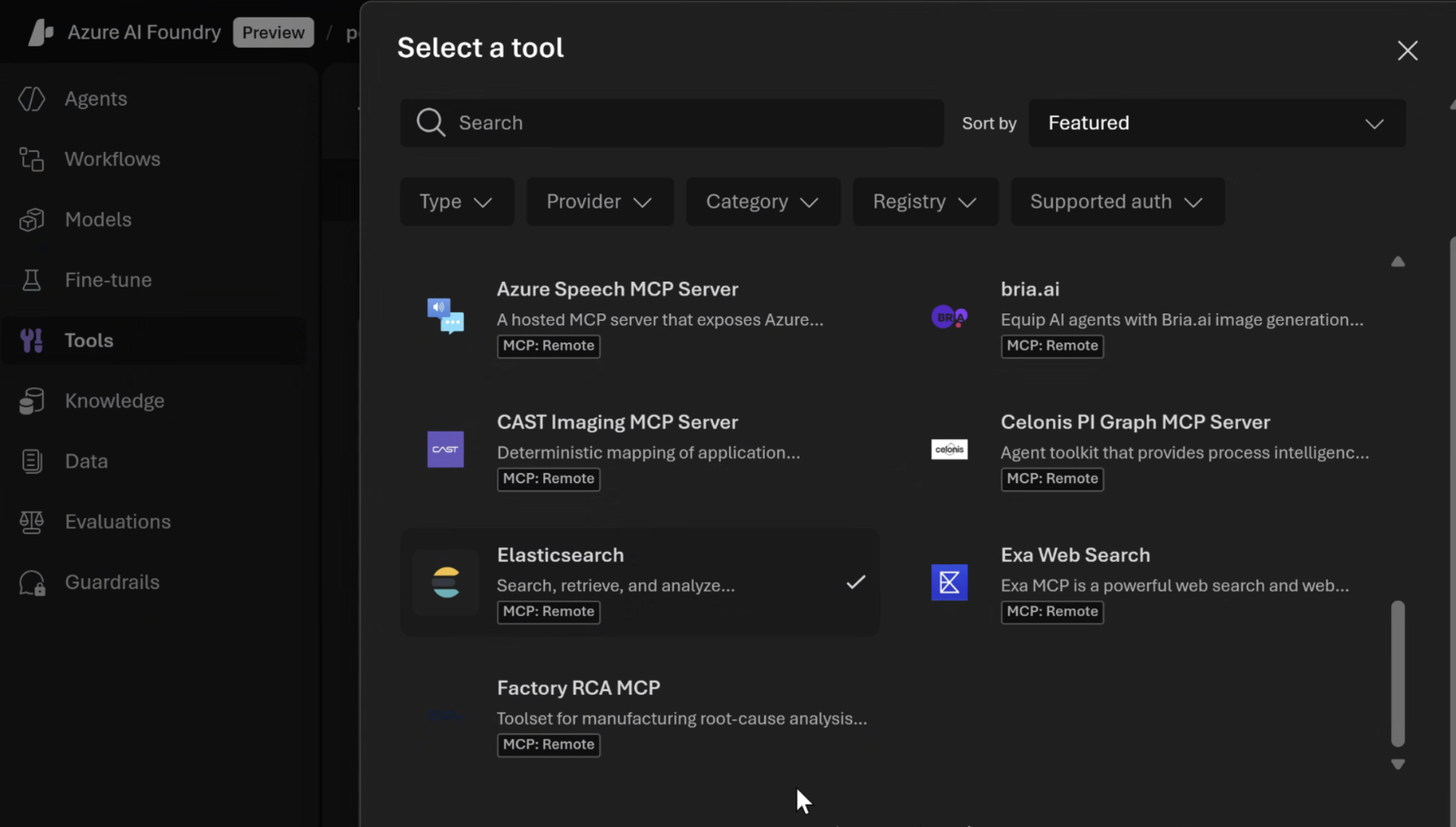 showcasing the discoverable tool using elasticsearch as the registered remote MCP server in the AI Foundry tool catalog