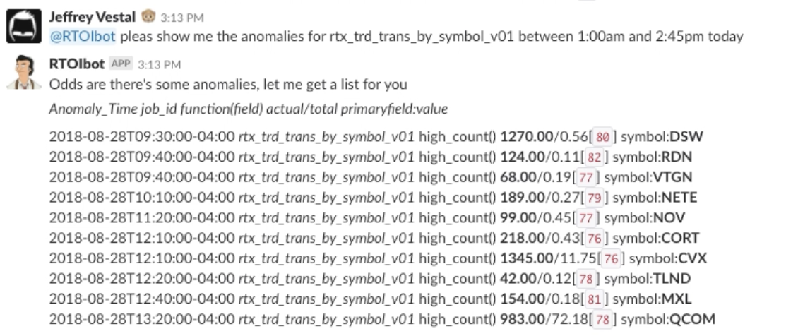 3 - Slackbot circa 2018 reporting on Elastic ML Anomalies for trade transactions by sock symbol