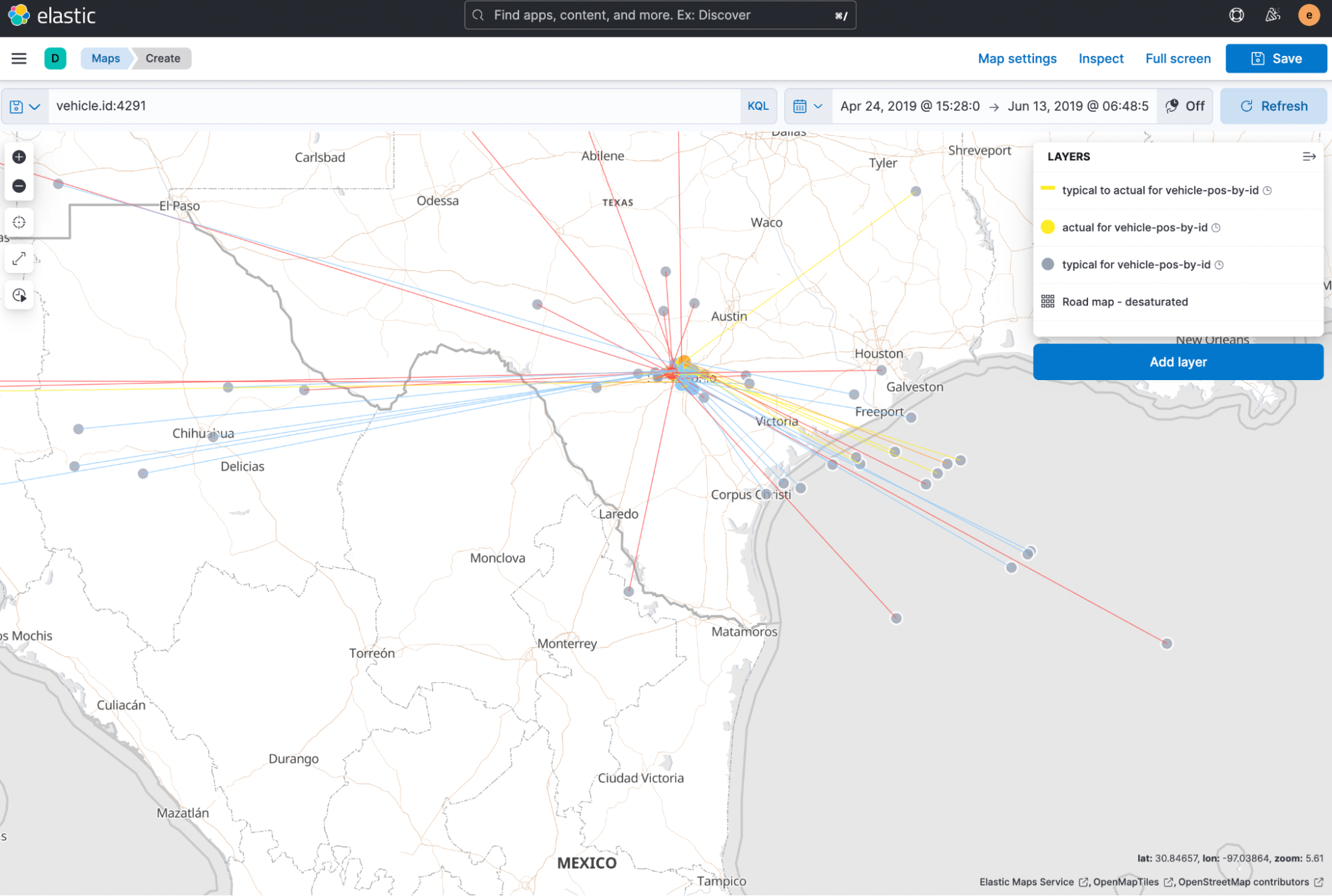 This will take you directly into Elastic Maps with a filter already in place for that particular vehicle id.