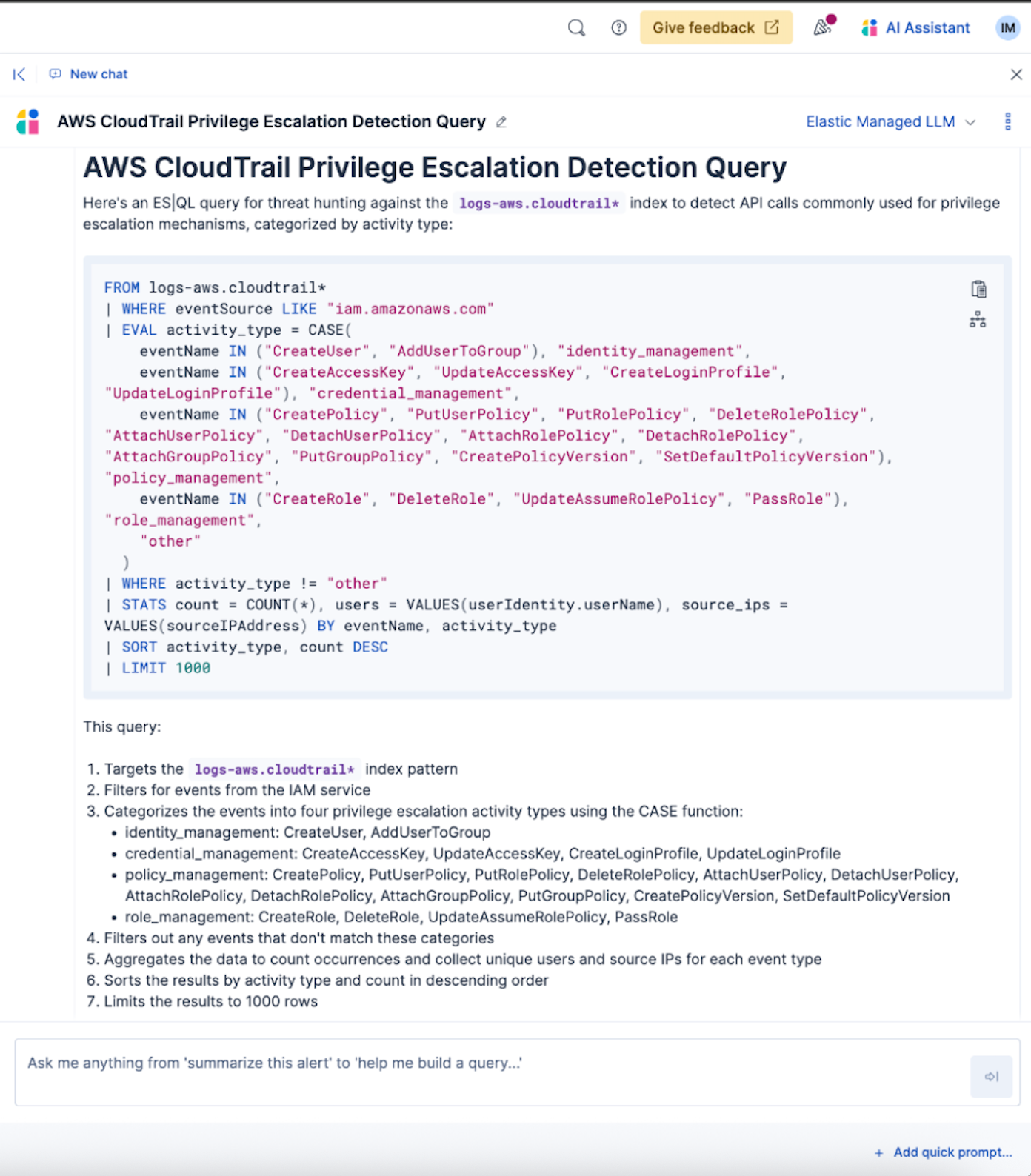 Elastic AI Assistant ES|QL query creation