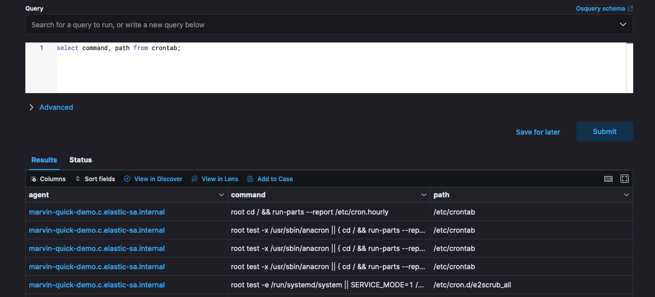 2 - An example of an osquery search for malicious crontab commands on Linux