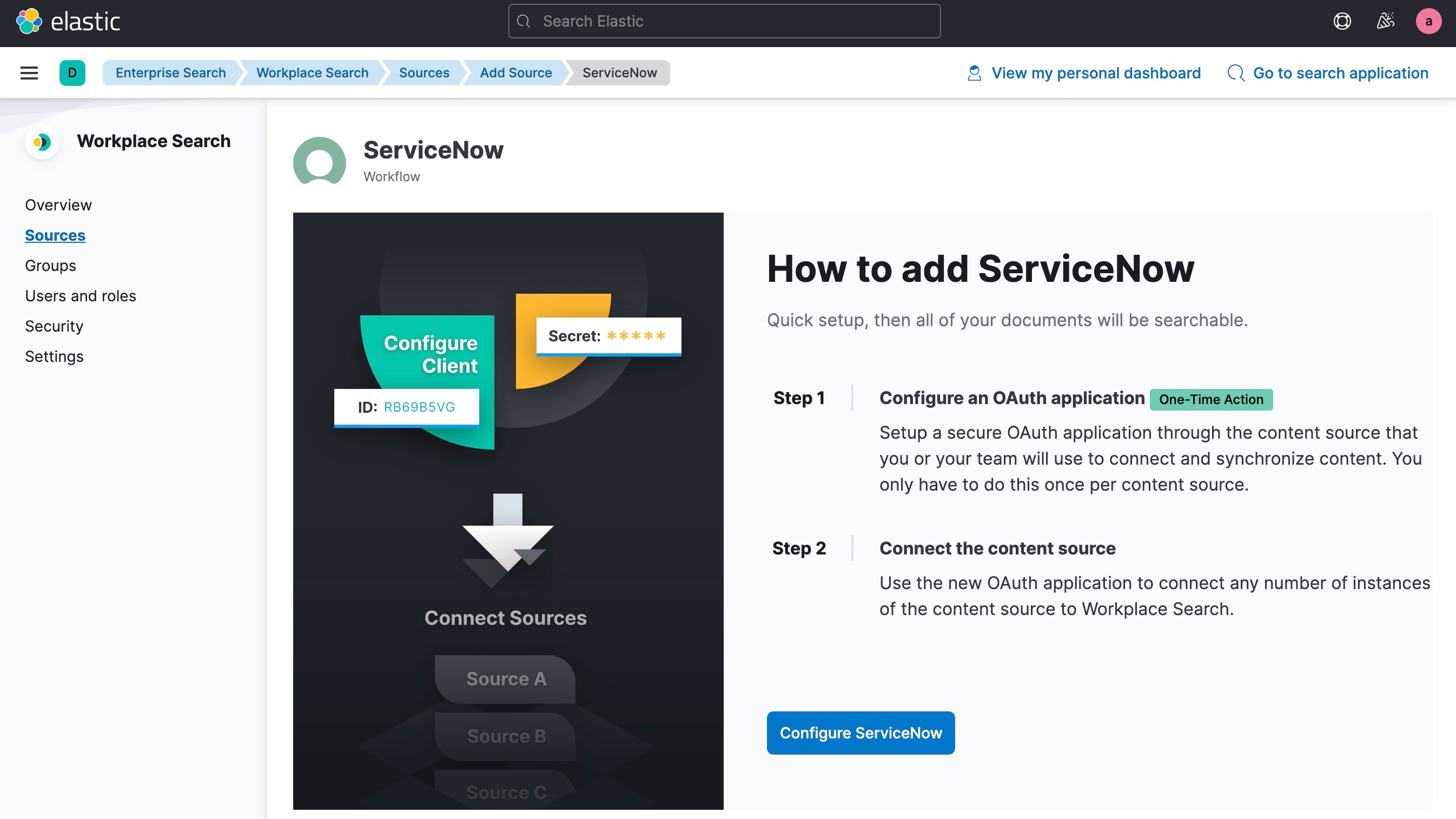 ServiceNow 和 Workplace Search 的屏幕截图