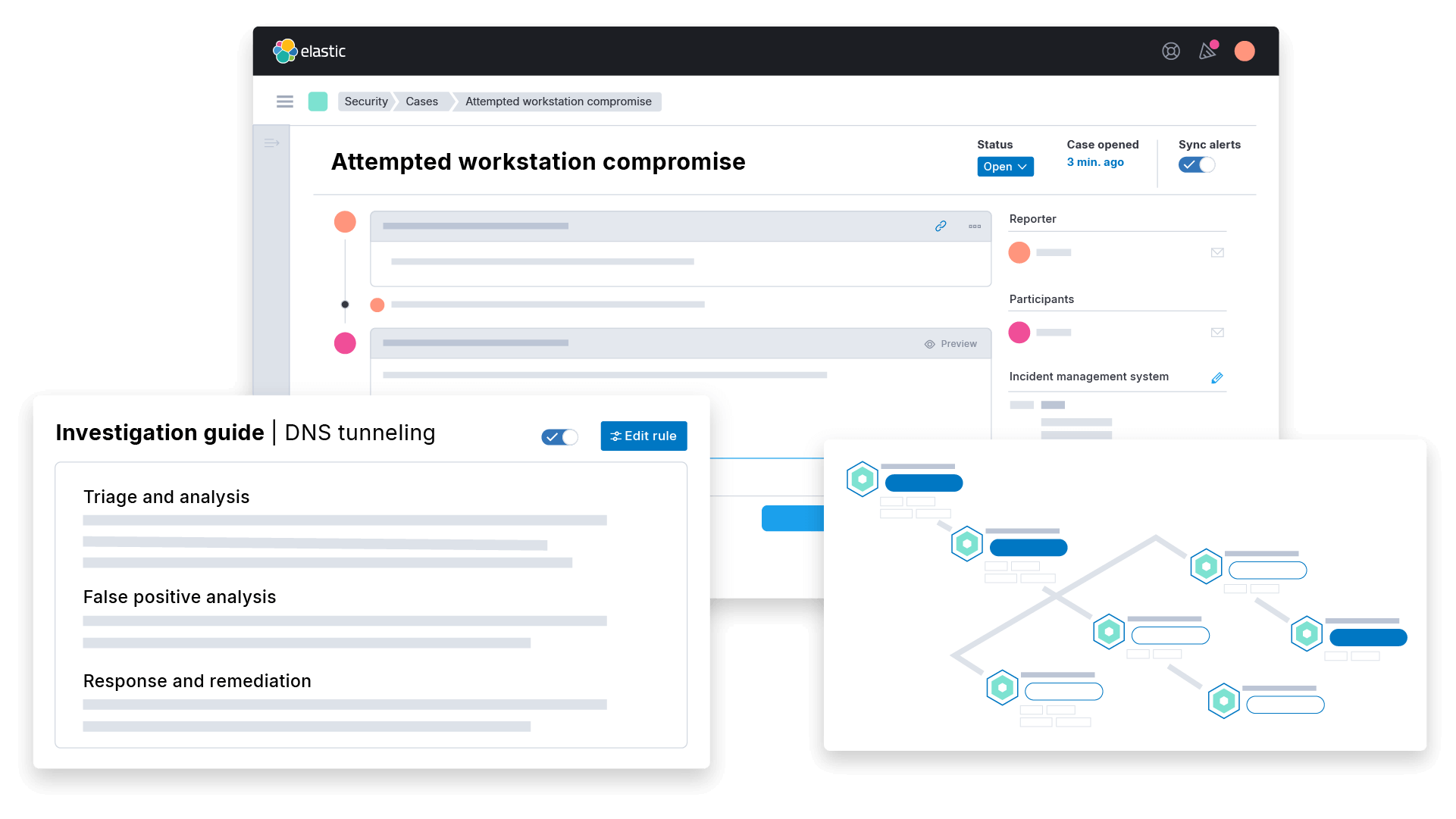 Elastic Security UI for investigating and responding to cyber attack, including case management, investigation guide, and analyzer view