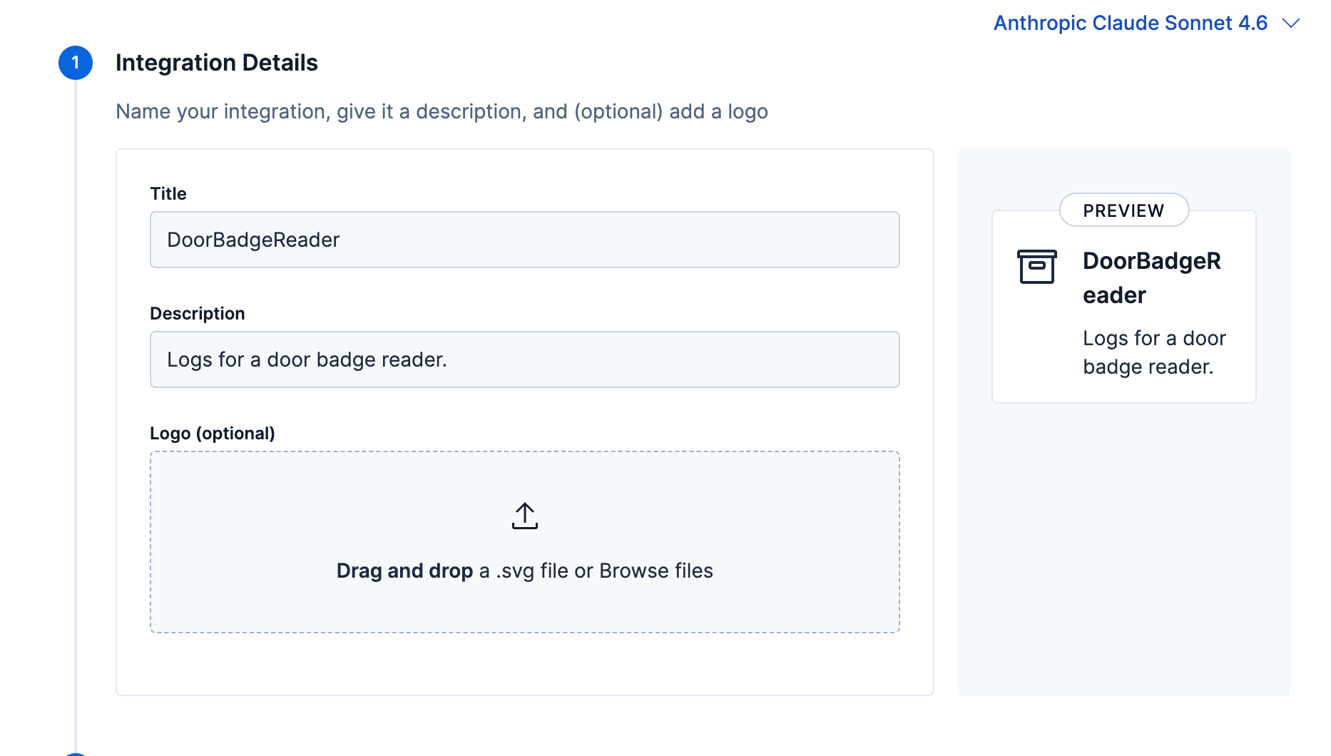 Integration details screenshot with title and description fields