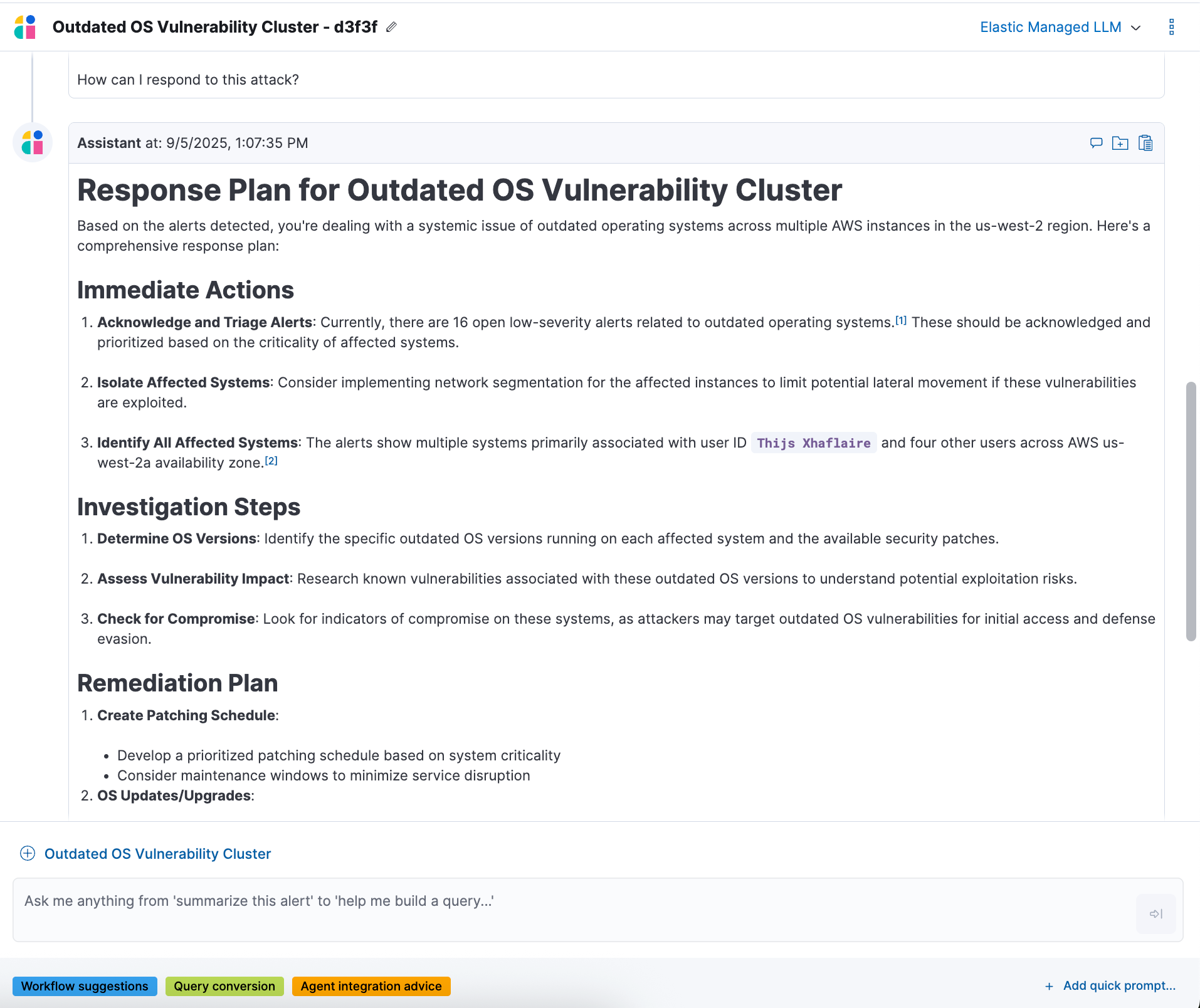 Elastic AI Assistant providing a response plan to Jamf Protect alerts