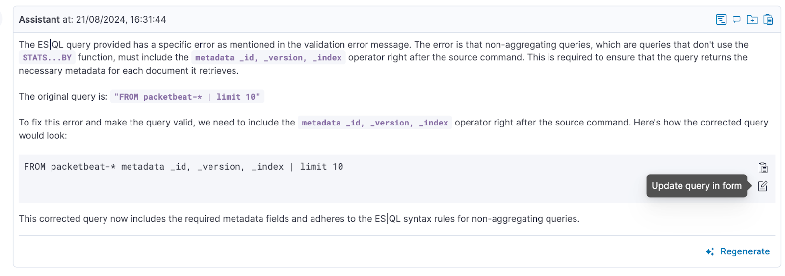 Figure 9. Update query in the rule creation form with Elastic AI Assistant suggestion