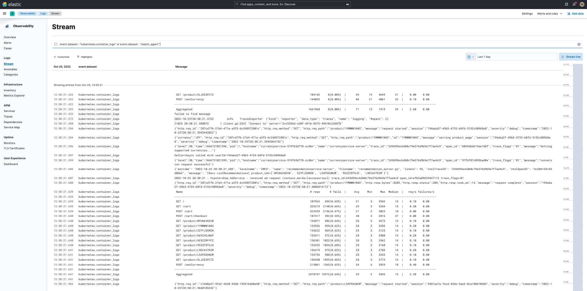 Logs de container do Kubernetes e logs do Elastic Agent