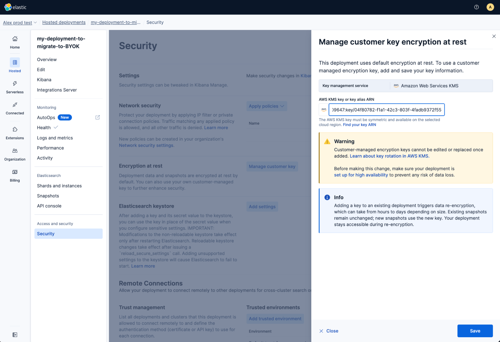 Deployment Security page with Encryption at rest section and flyout