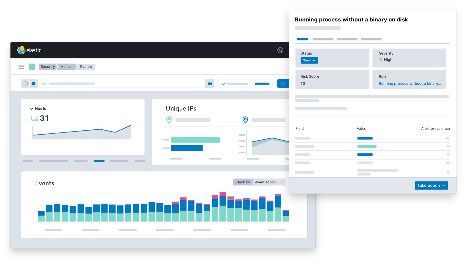 Elastic Security for XDR, com visão geral dos hosts, detalhes de alerta dos hosts e o menu de ação de resposta do endpoint