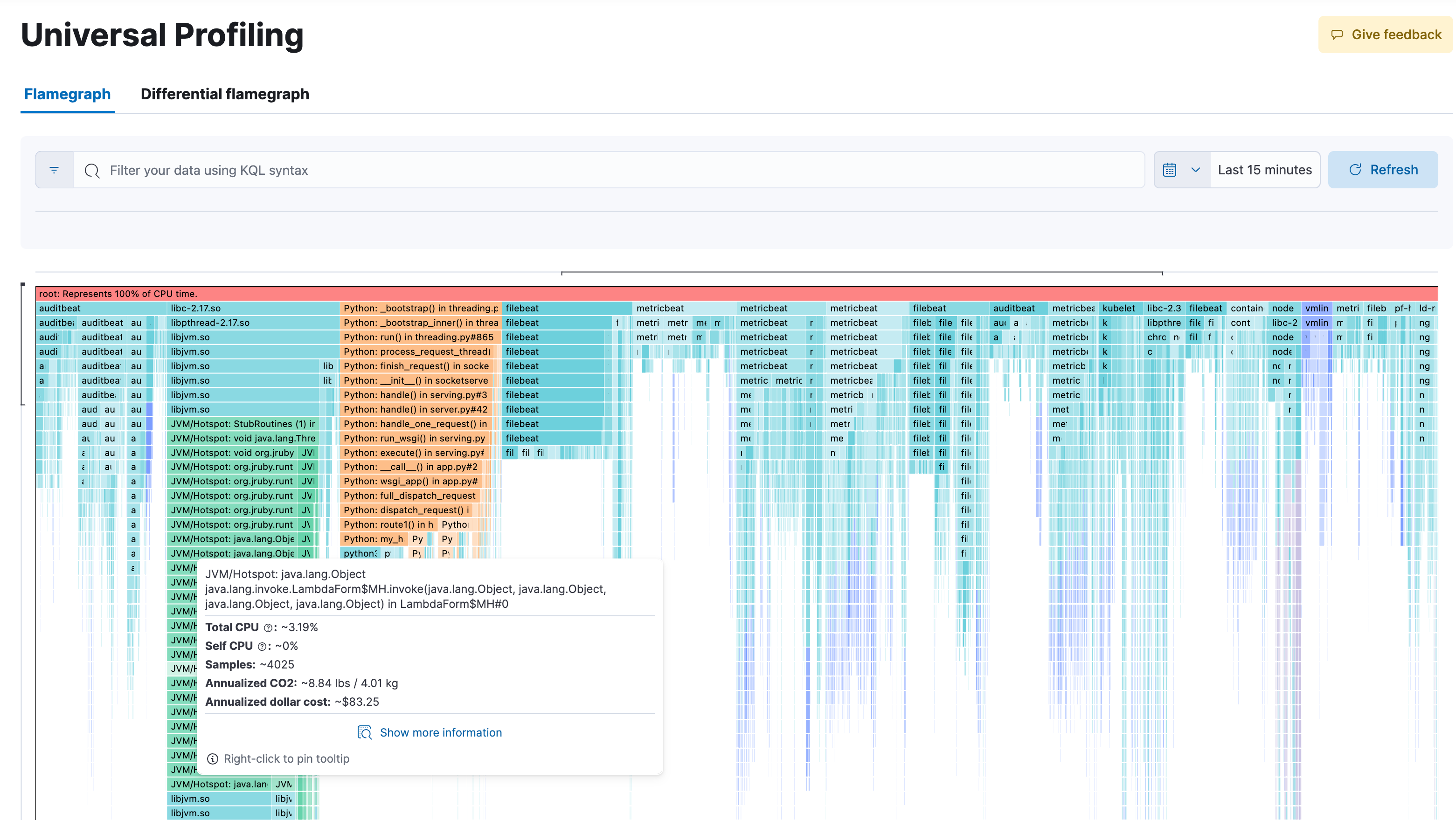 Elastic Observability — grafo de chama do Universal Profiling