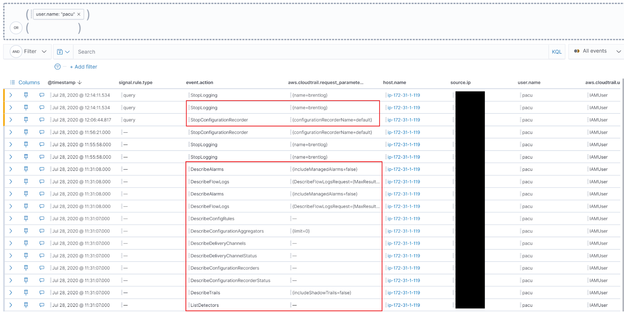 Figure 9 - Viewing event history for the user Pacu in the Timeline 