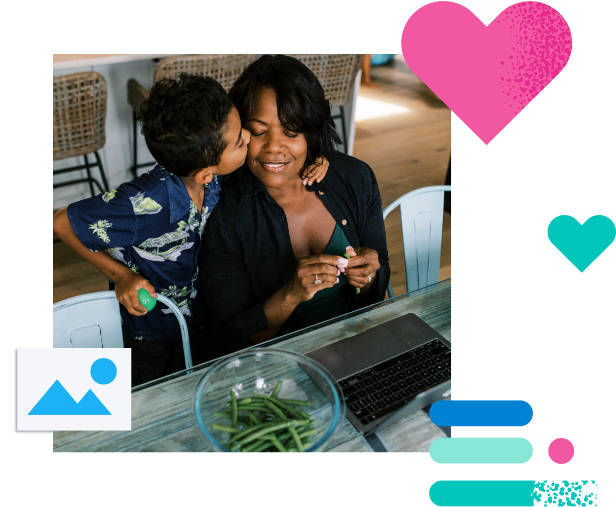 Smiling woman snaps green beans with a child at her computer working from home