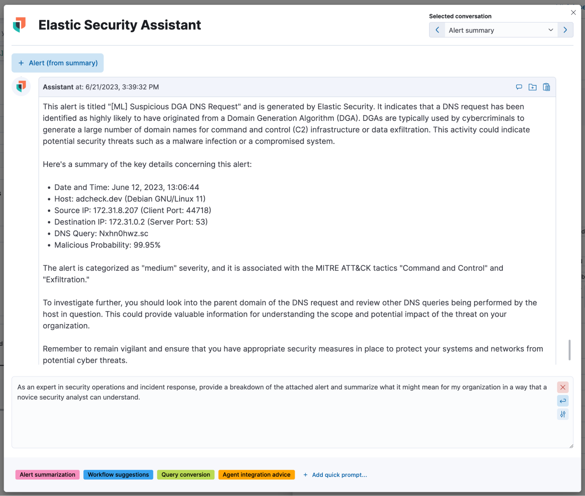 Elastic AI Assistant summarizes an Elastic Security ML