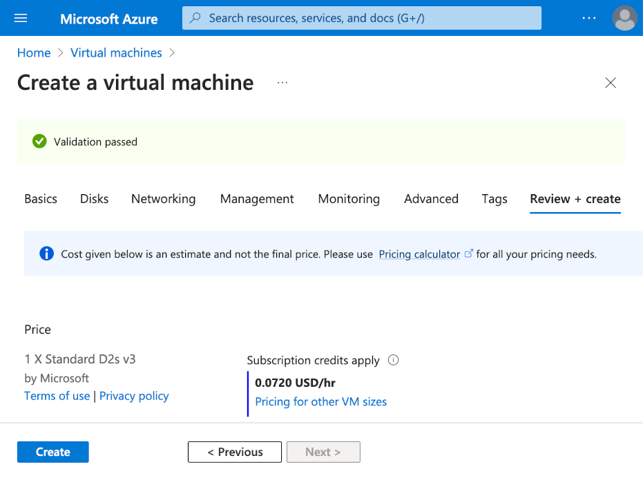 create virtual machine validation passed