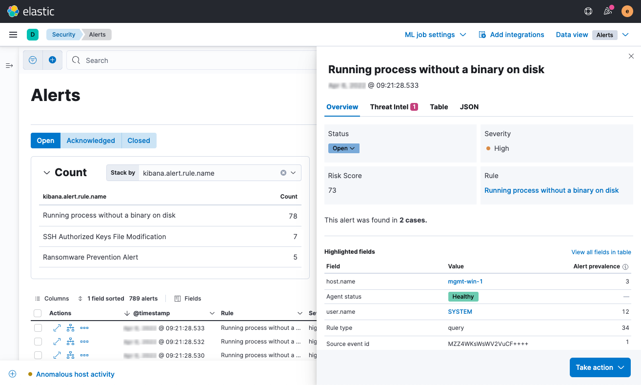 Host alert details in Elastic Security, including threat intelligence and other cyber context