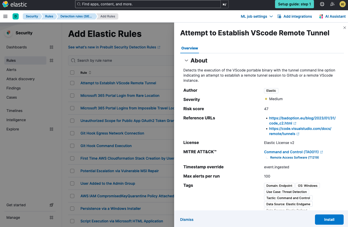 Figure 1. Prebuilt Elastic rules preview and installation