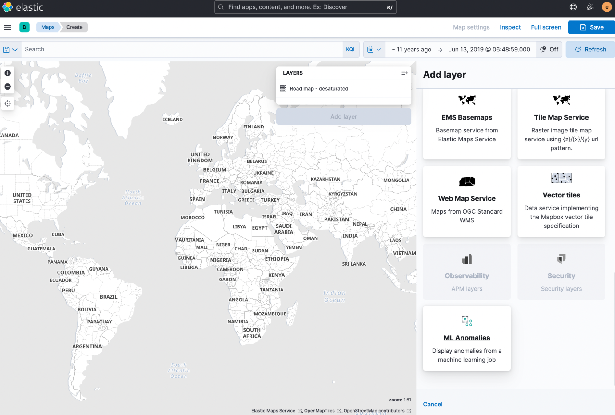 Navigate to Elastic Maps and select Create Map, then select Add Layer. You should see the ML Anomalies layer card option which you can now select.