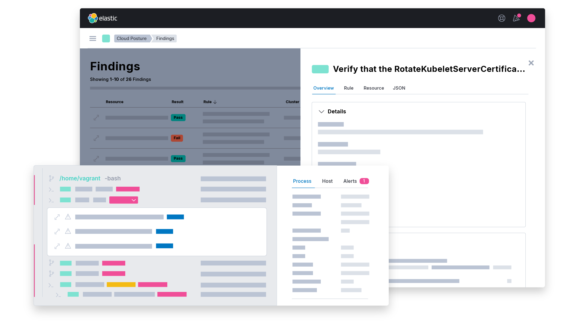 UI de monitoreo de la postura en el cloud y vista de sesión para la protección de la carga de trabajo en el cloud con Elastic Security