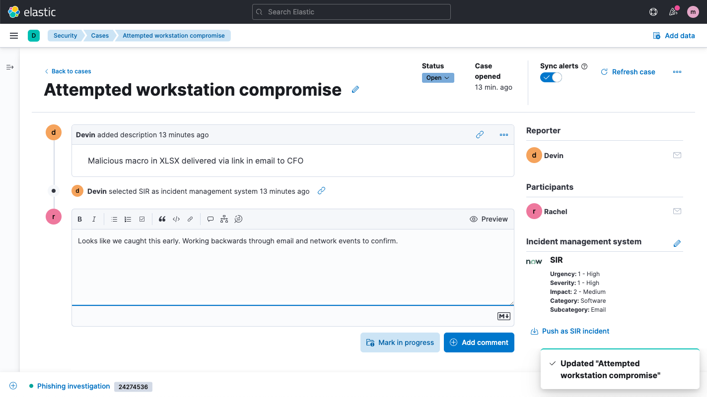 Case management built into Elastic Security for XDR, showing attempted workstation compromise example