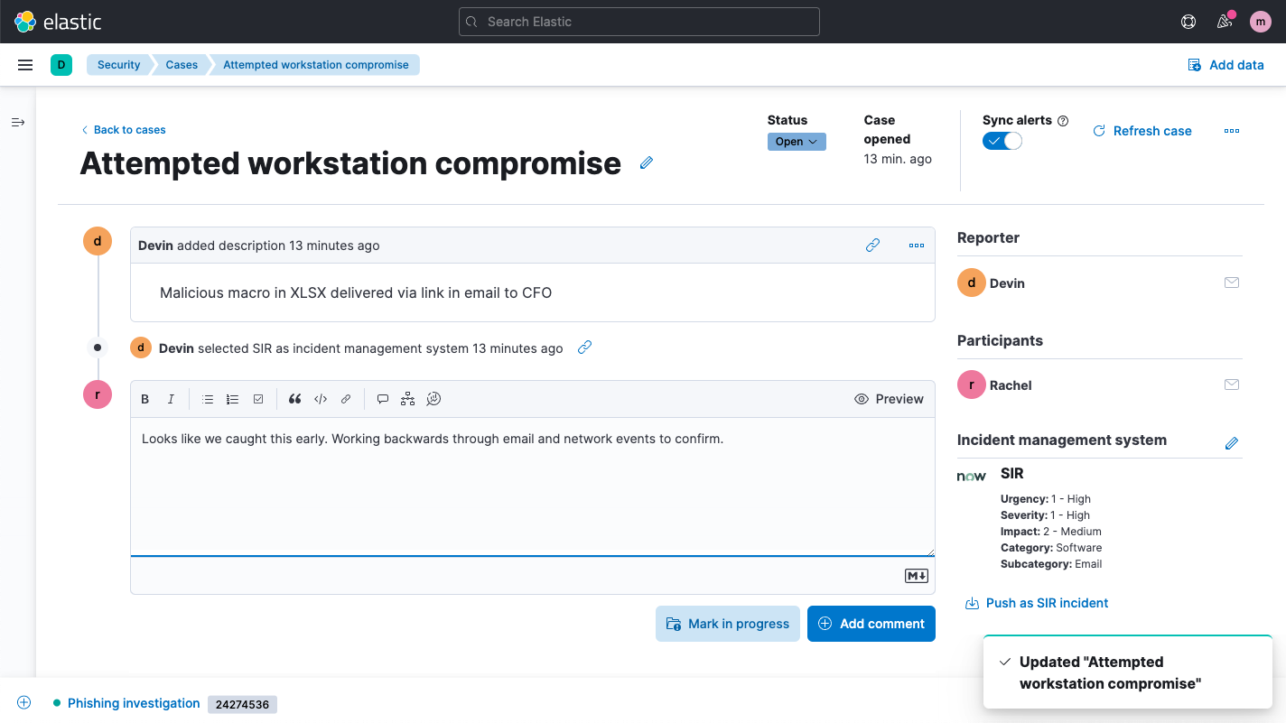 Elastic Security case forwarded to 3rd-party SOAR platform