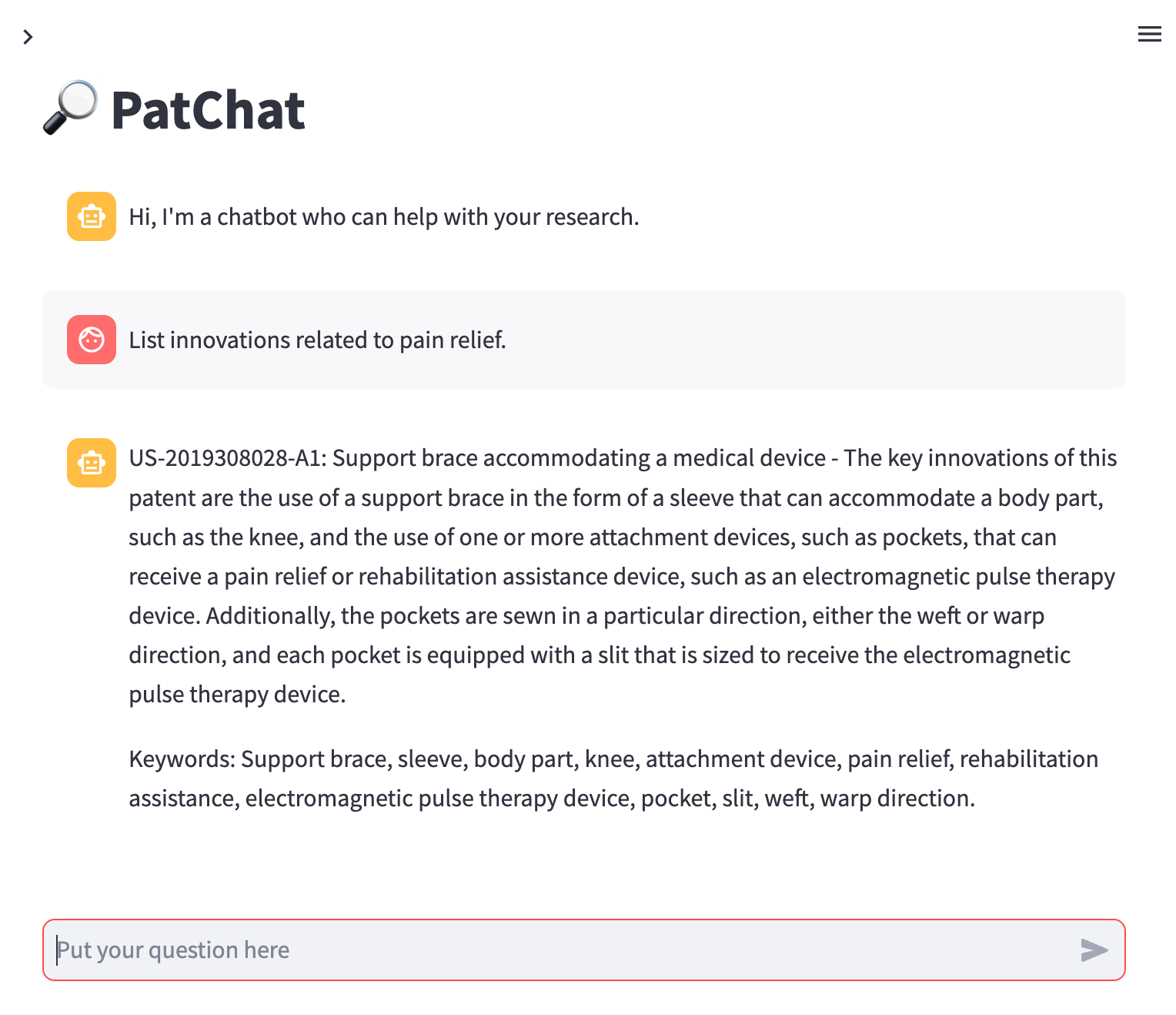 Example of PatChat app query results