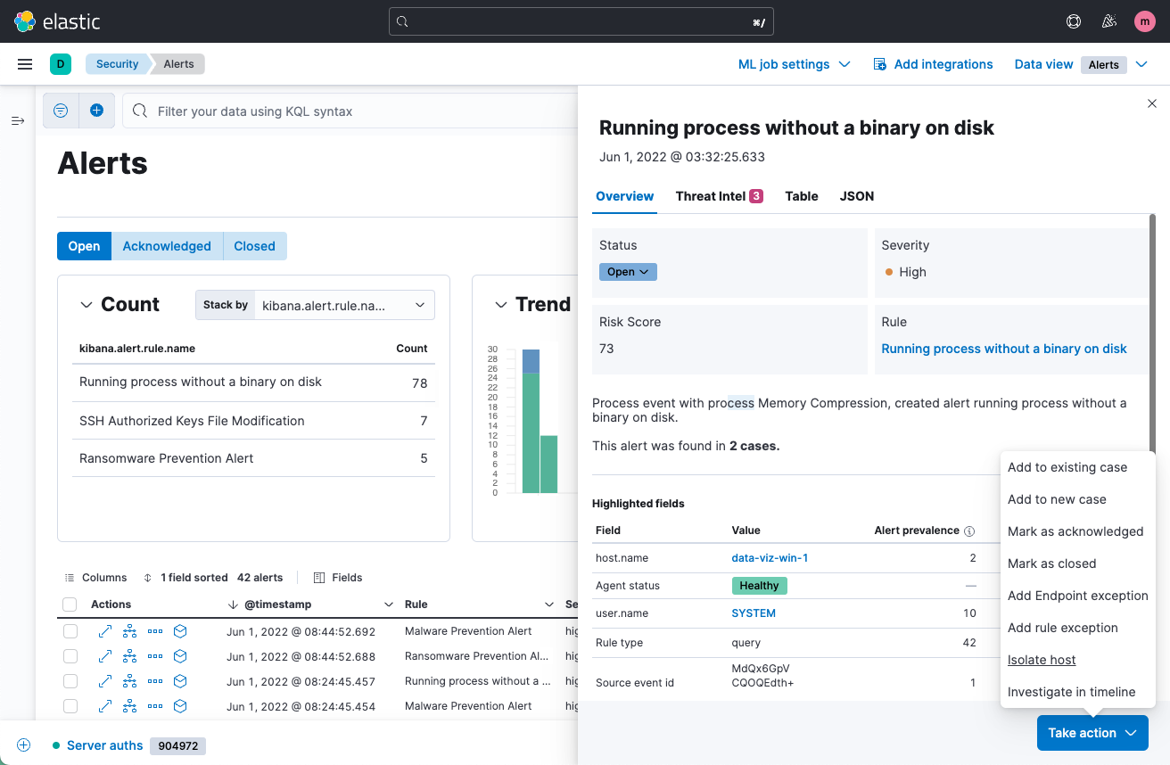 Alert detail sidebar overview and turnkey host response actions