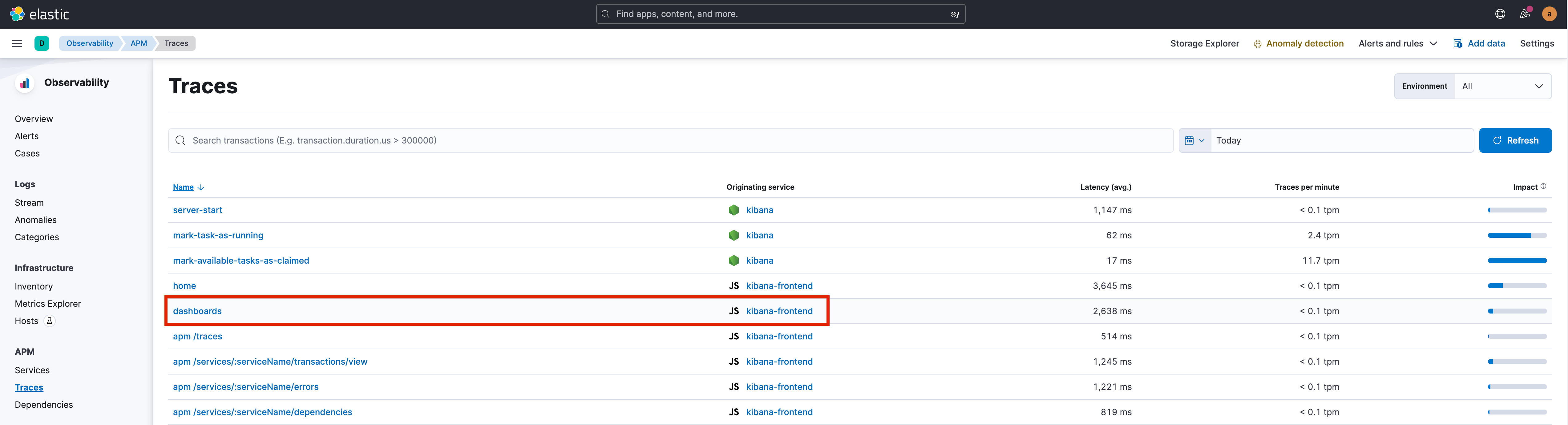 kibana debugging dashboard trace