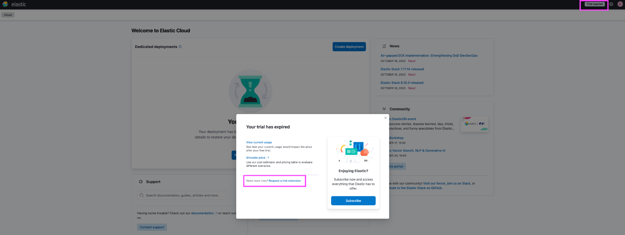 How to request extension of trial subscription for Elastic Cloud