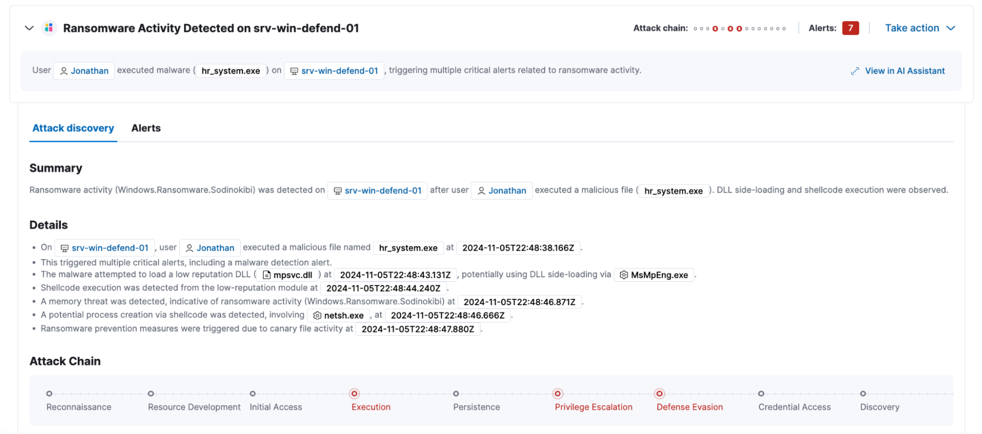 Attack Discovery analyzing and summarizing a ransomware incident