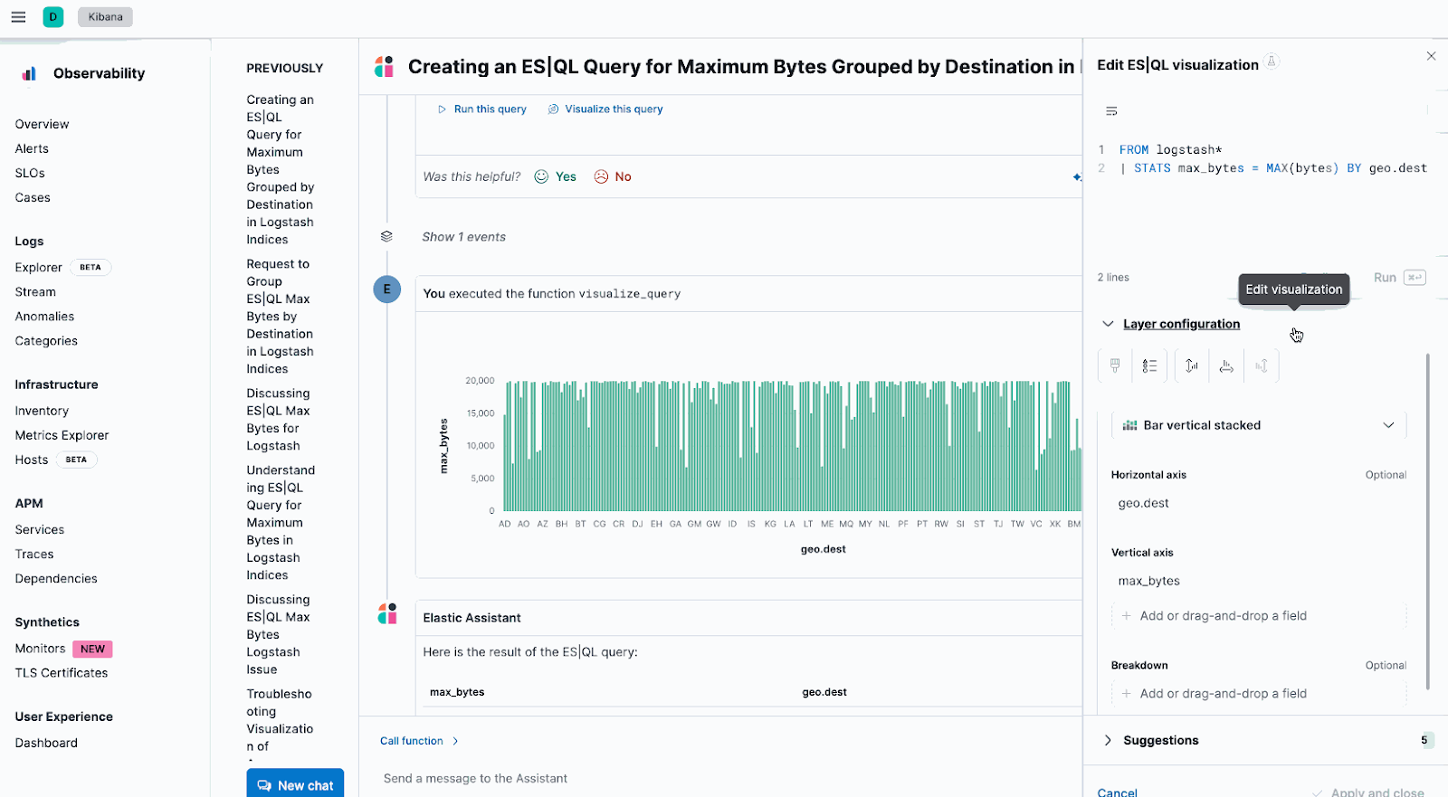 Tech preview of editing and visualizing ES|QL queries on Elastic Observability 8.13