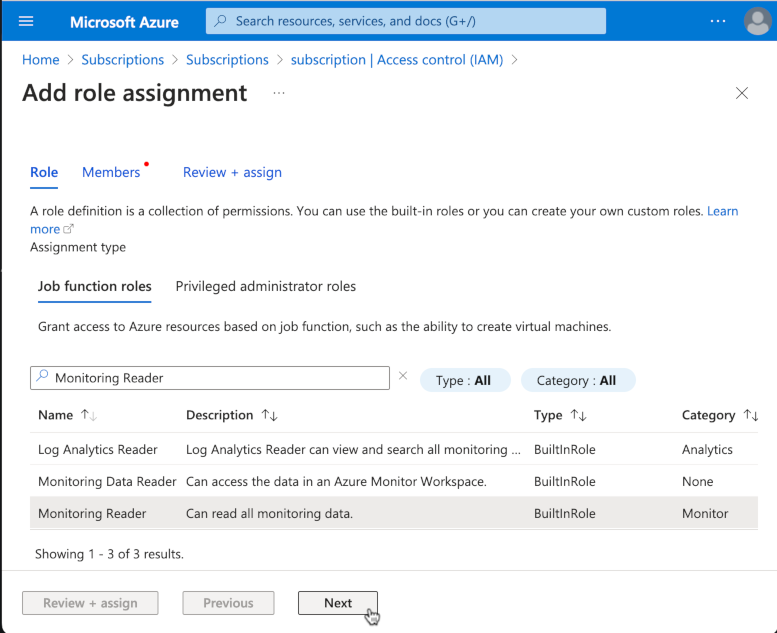 add role assignment monitoring reader