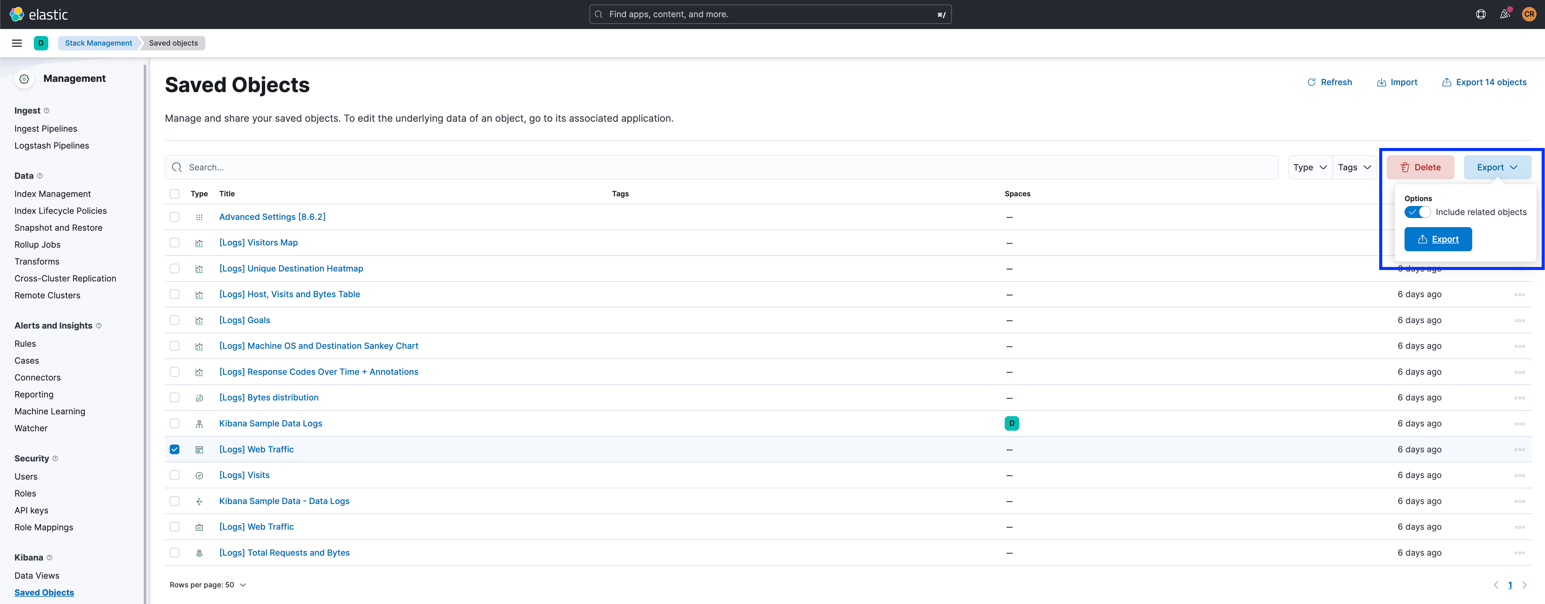 kibana saved objects export with related onjects