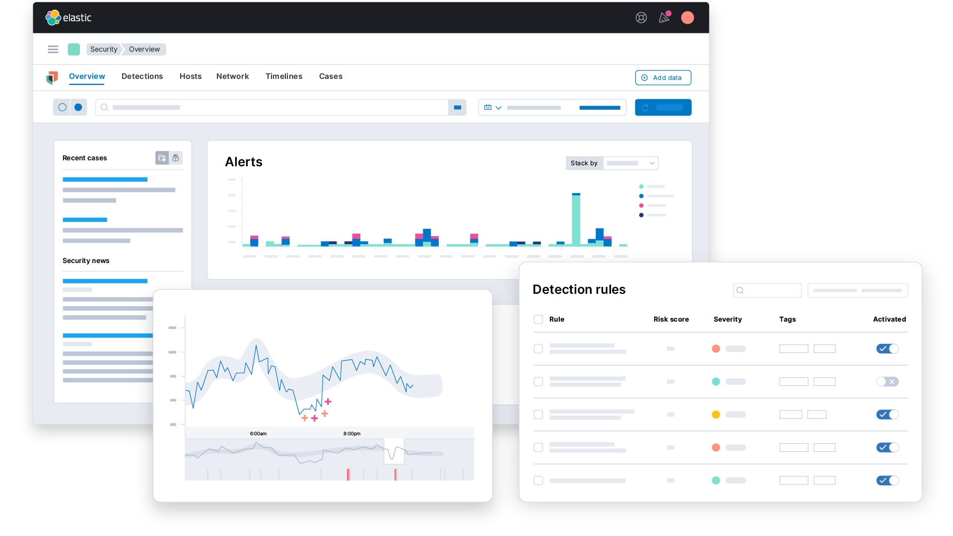 Elastic Security for SIEM, with SOC dashboard, ML findings, and detection rules