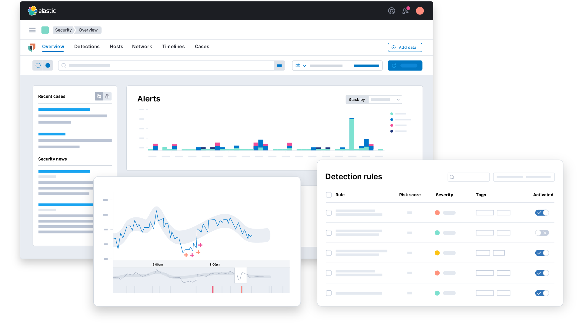 Elastic Security for SIEMのSOCダッシュボード、機械学習を使った分析結果、検知ルール