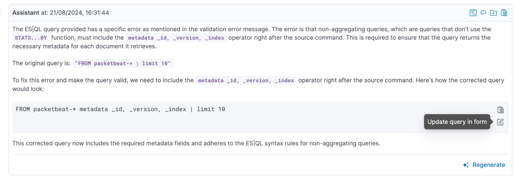 Figure 8. Update query in the rule creation form with Elastic AI Assistant suggestion