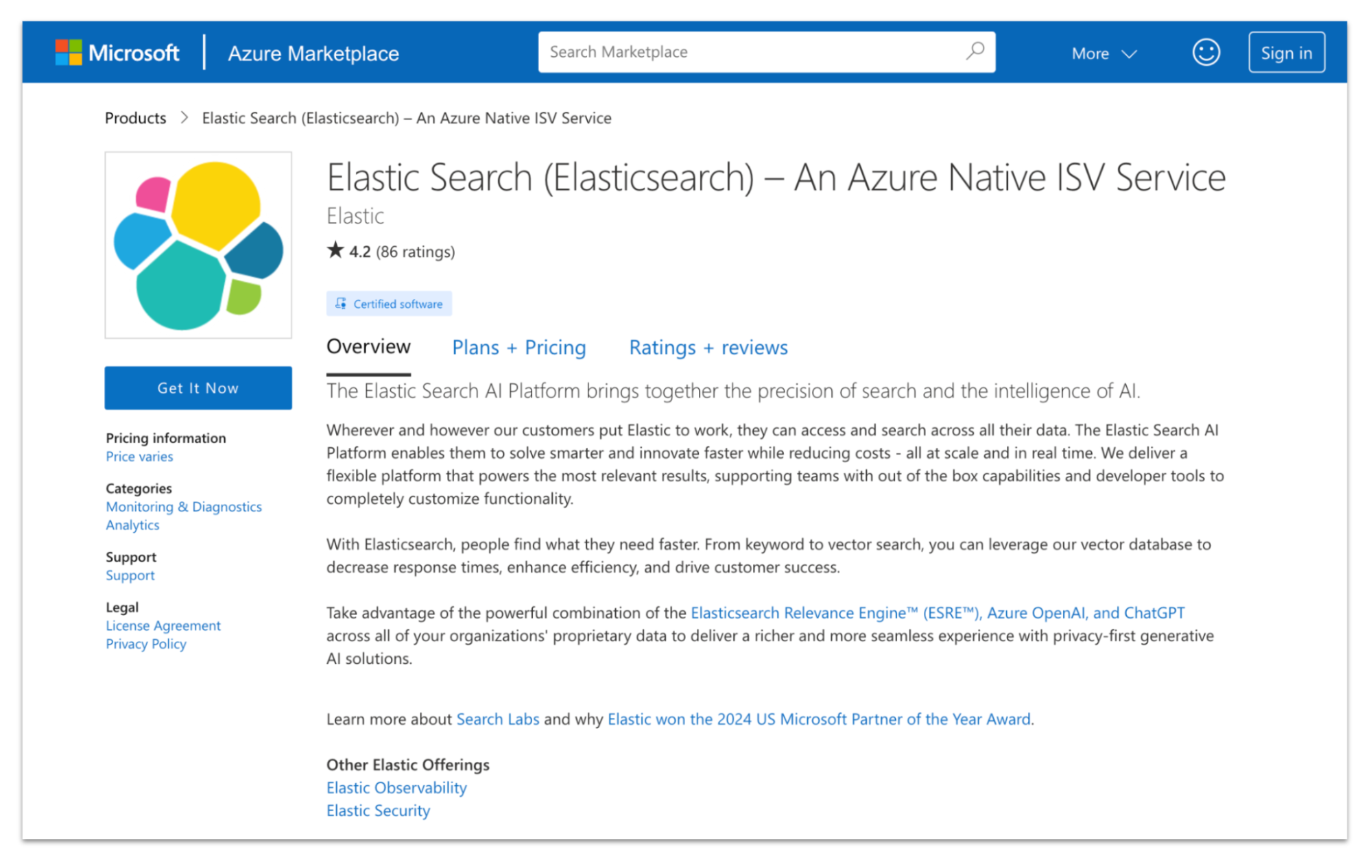 elasticsearch azure native isv service