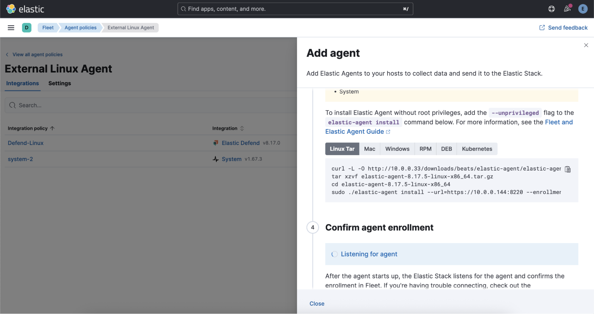 Agent installation commands automatically use your configured artifact server, showing the custom download URL in the curl command