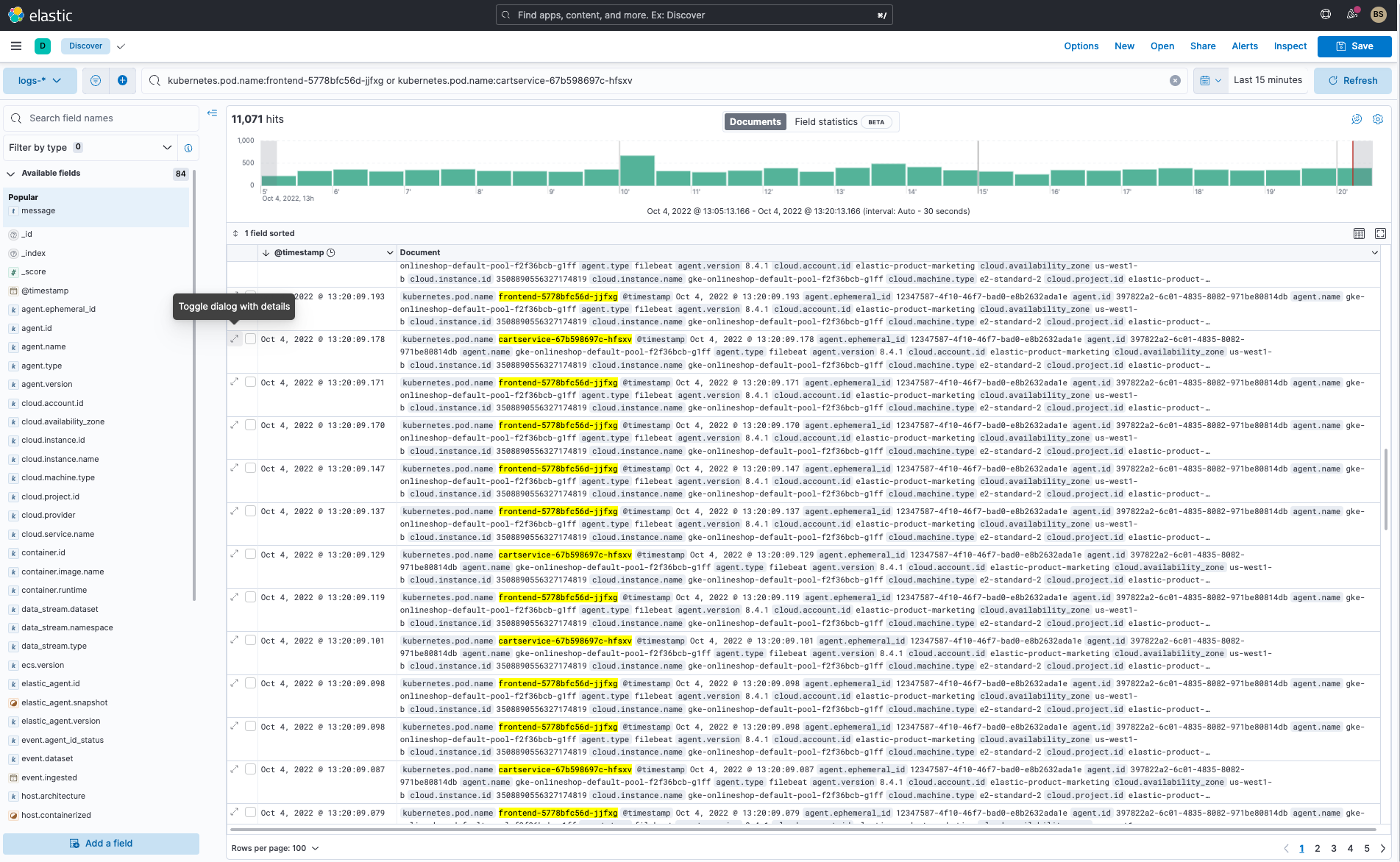 Logs frontendService e cartService