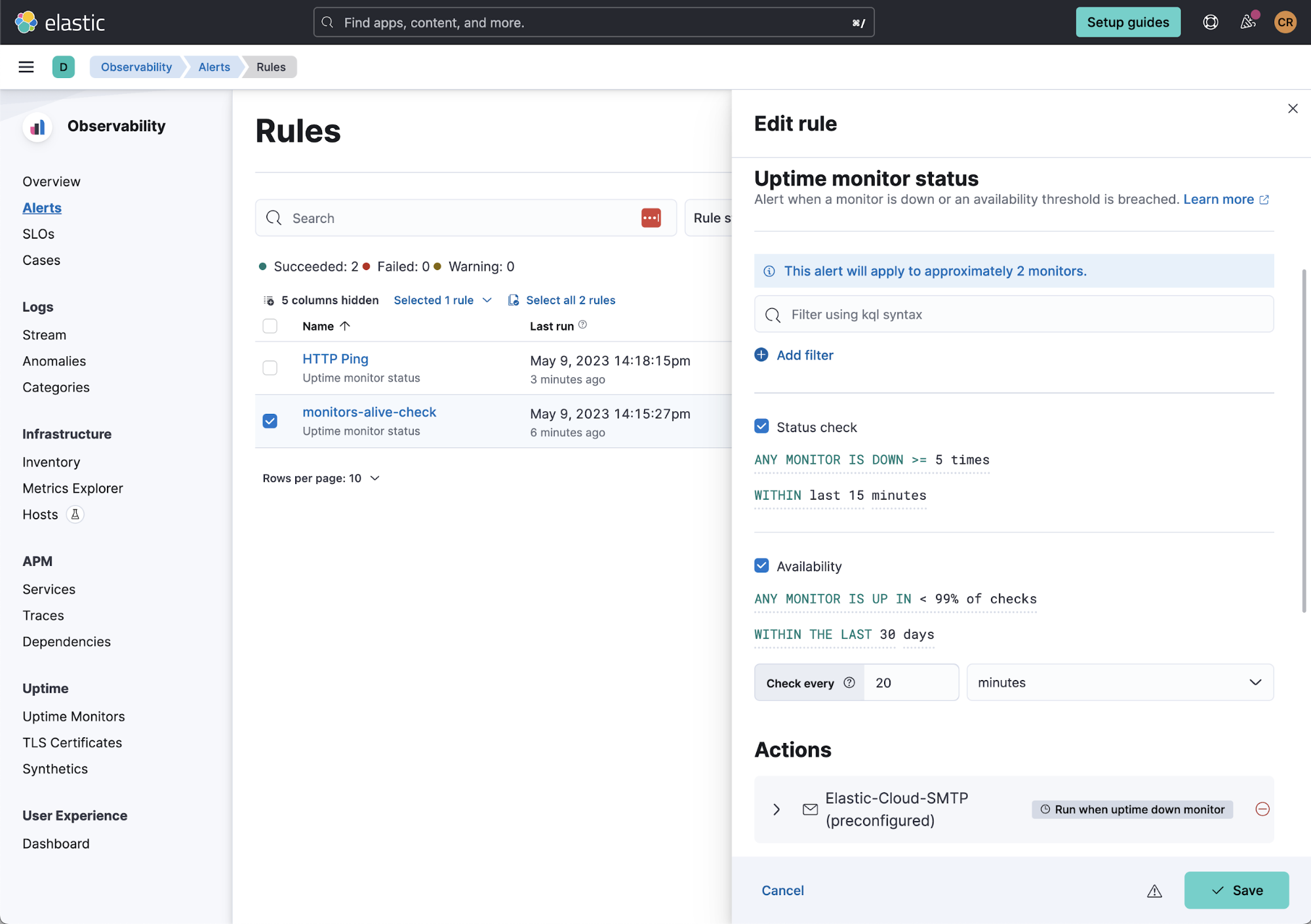 reglas de elastic observability