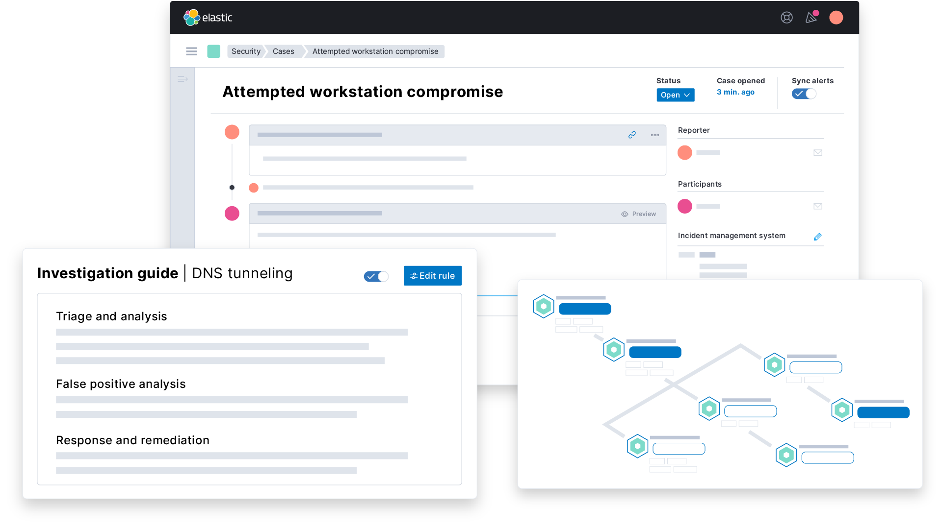 Elastic Security UI for investigating and responding to cyber attack, including case management, investigation guide, and analyzer view