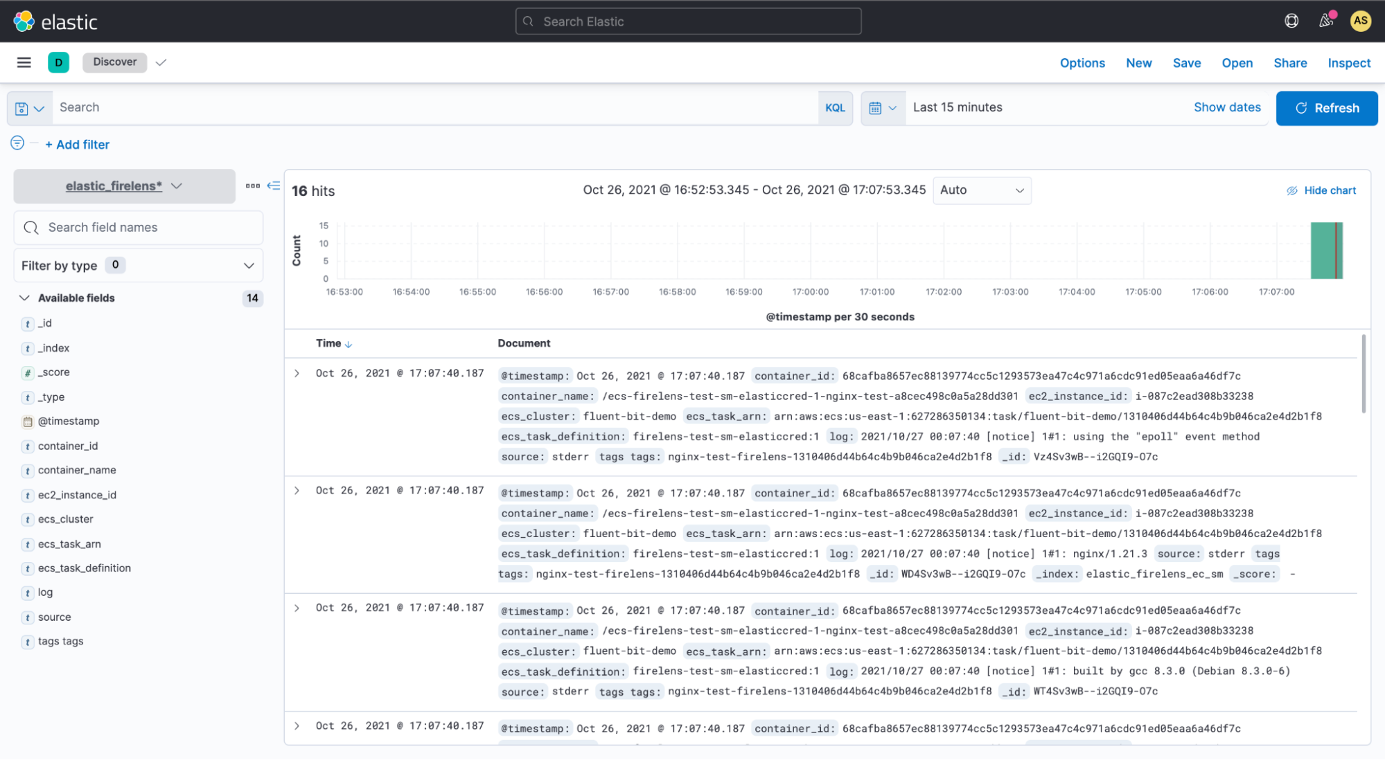 Quando o serviço começar a ser executado, você poderá ver o fluxo de logs para o Elasticsearch por meio do Kibana. A imagem abaixo mostra uma execução de consulta na Elastic que pode ser visualizada no Kibana.