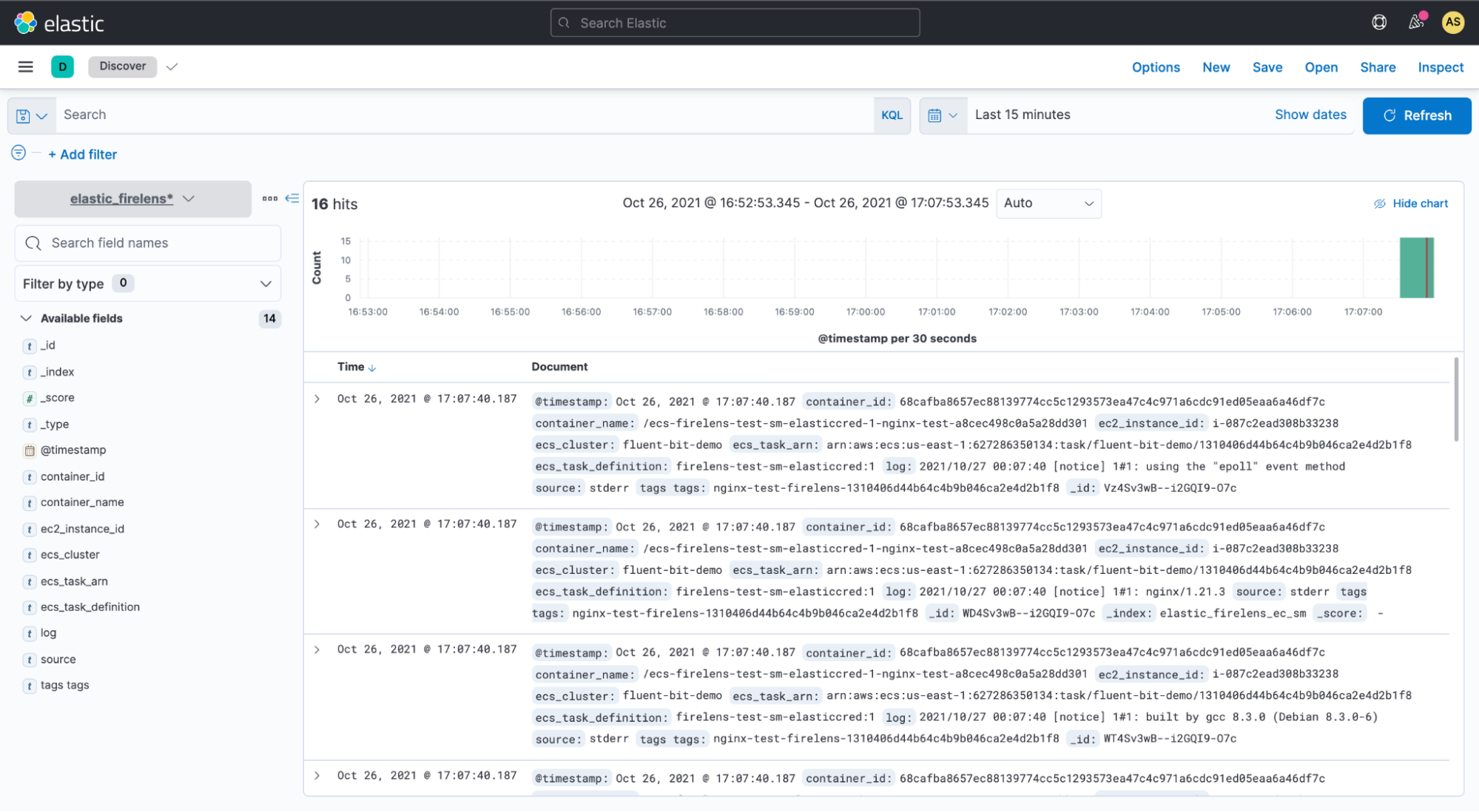 サービスが実行し始めると、Elasticsearchに流入するログをKibanaで表示できます。下のスクリーンショットでは、Kibanaで可視化できるクエリをElasticで実行している様子がわかります。