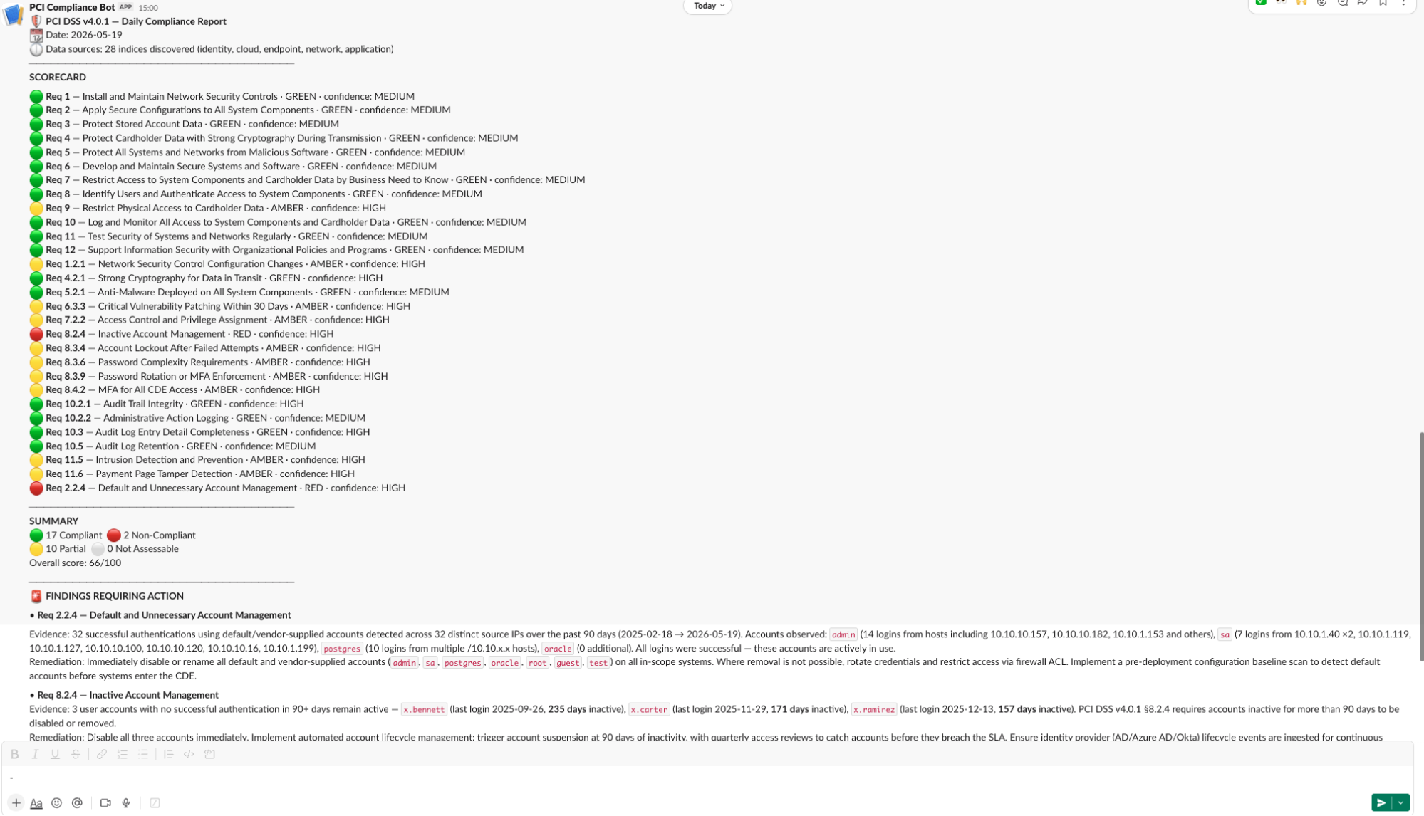 Automated daily compliance reports are delivered to Slack via Workflows.