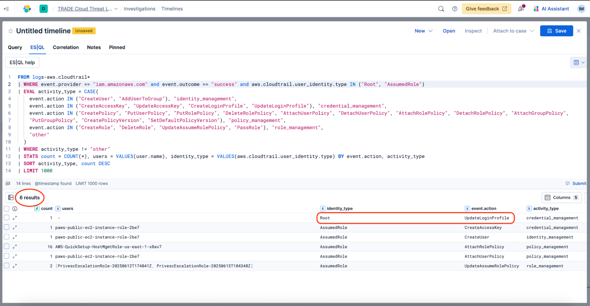 Updated query and results in Timeline view