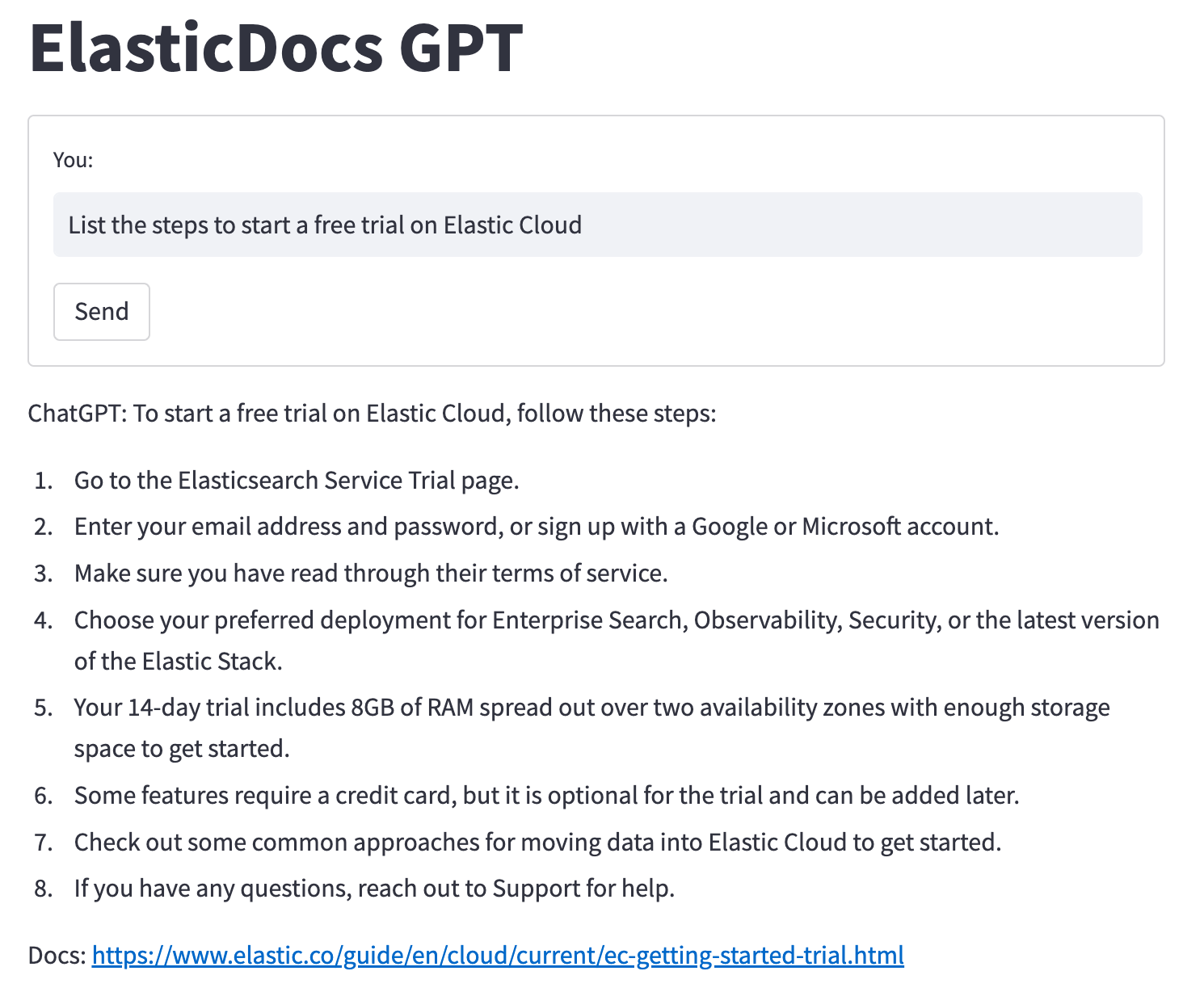 elasticdocs gpt list the steps free trial
